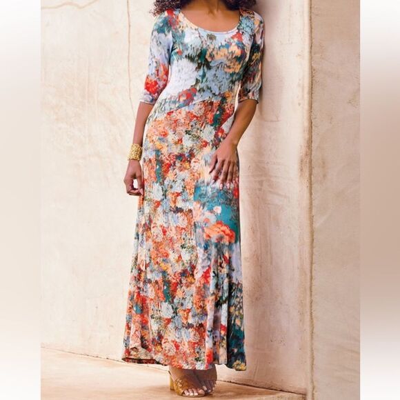 Soft Surroundings Women Nanette Dress short sleeve maxi Red Gray sundress Neck M - Picture 3 of 14